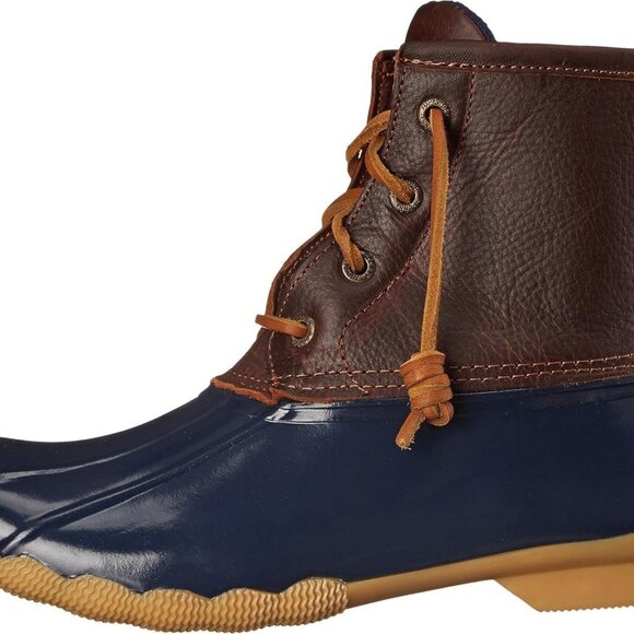 Women's Saltwater Boots Tan Navy Waterproof Leather Rubber Ankle - Picture 3 of 4